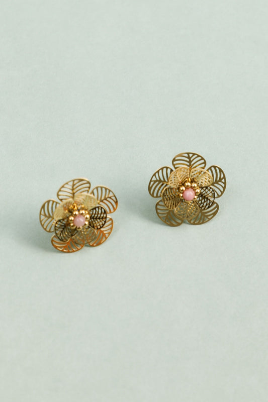 Boucles d'Oreilles Dorées Pétales de Fleurs Ajourées et Pierre