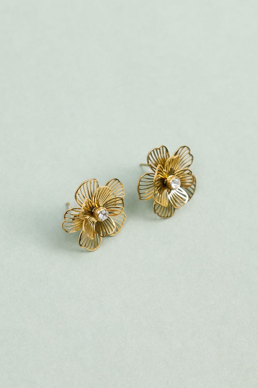 Boucles d'Oreilles Fleur Ajourée Strass Central