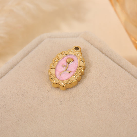 Lot de 3 pendentifs dorés cadre ovale émail fleur centrale